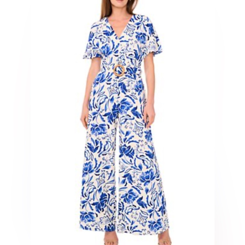 1.STATE Floral Blue and White Jumpsuit - Picture 1 of 9
